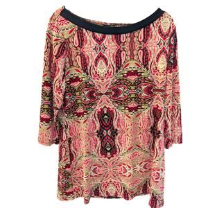 East 5th Boho Geometric Print Tunic Top Black Pink Red Green Large Stretchy